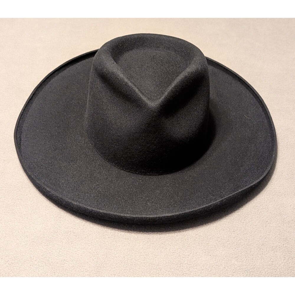 WYETH Black Wool Wide Brim Fedora Rancher Hat One Size Pinched Crown
